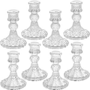 Clear Glass Candlestick Holders,8 pcs Set Include Taper Candle Holders and Stripe Candle Holders,Two Style for Formal Events, Wedding, Festival,Church, Party & Festival Decoration (Small)