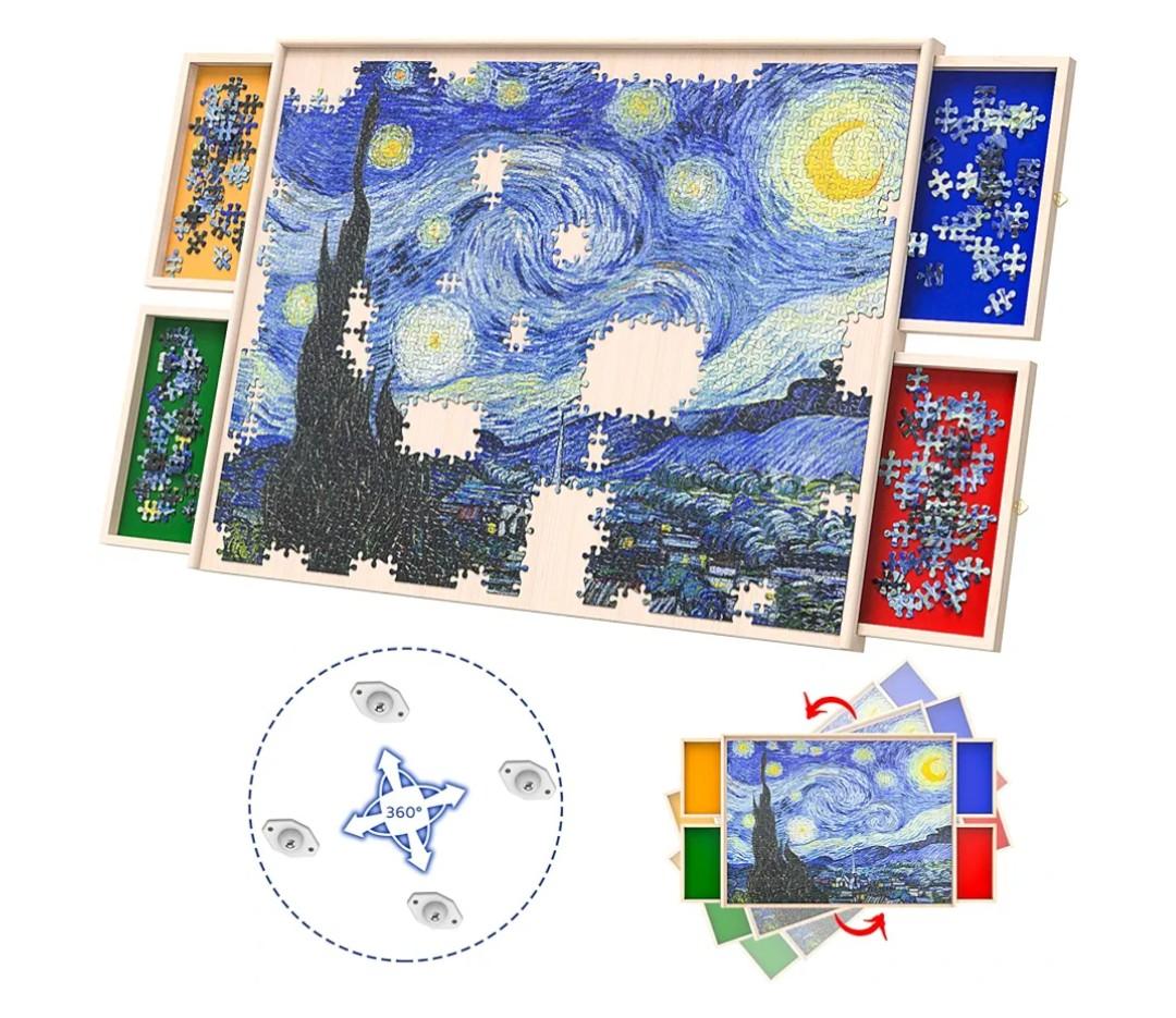 Rotatable 360-Degree Wheels Puzzle Board with Drawers and Cover 1000 Pieces Lightweight Portable Wooden Puzzle Table for Adults Size 30" x 22" (Large)