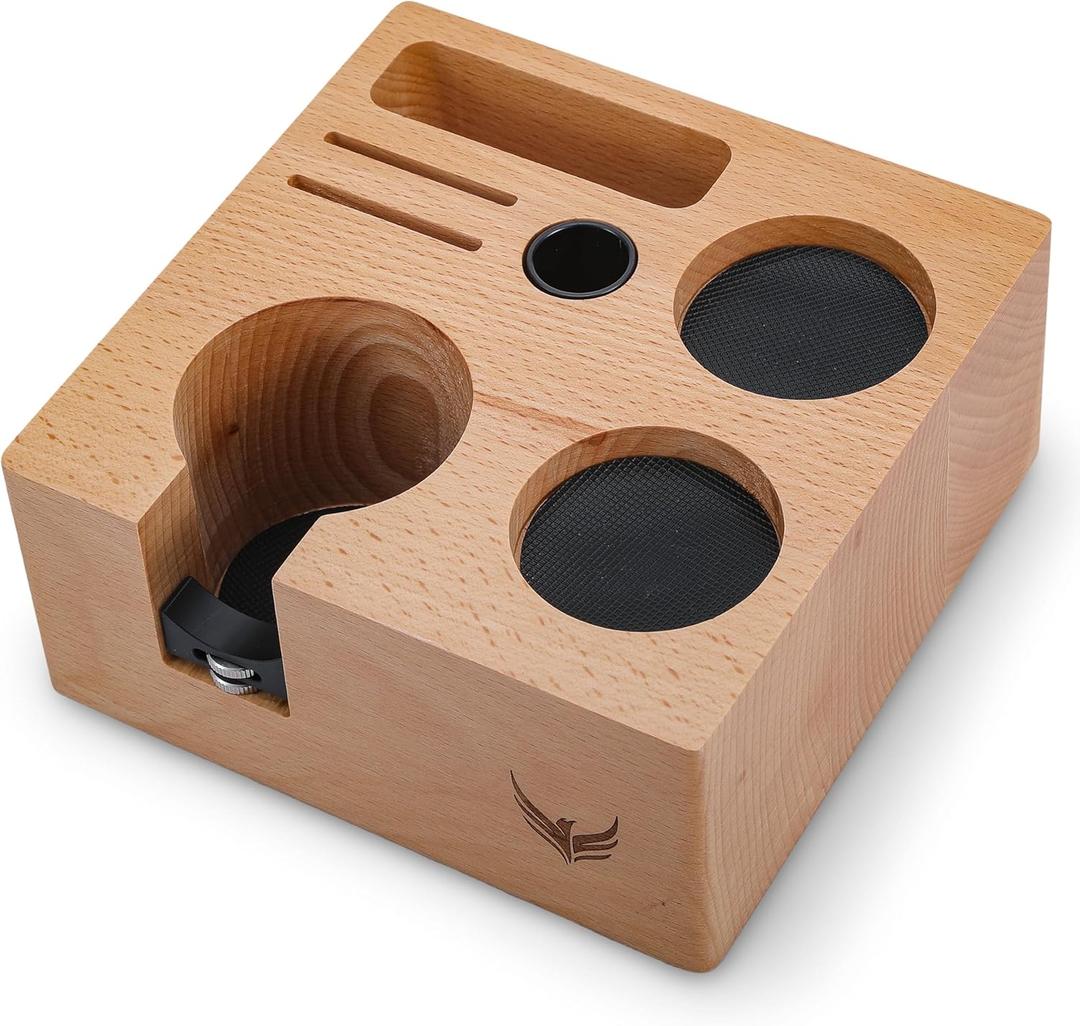 58mm Espresso Tamping Station Compact Portafilter Stand and Coffee Accessories Organizer for Espresso Machines with Tamper Holder, Distributor Slot, and Multi-Accessory Storage (58mm Beech Wood)