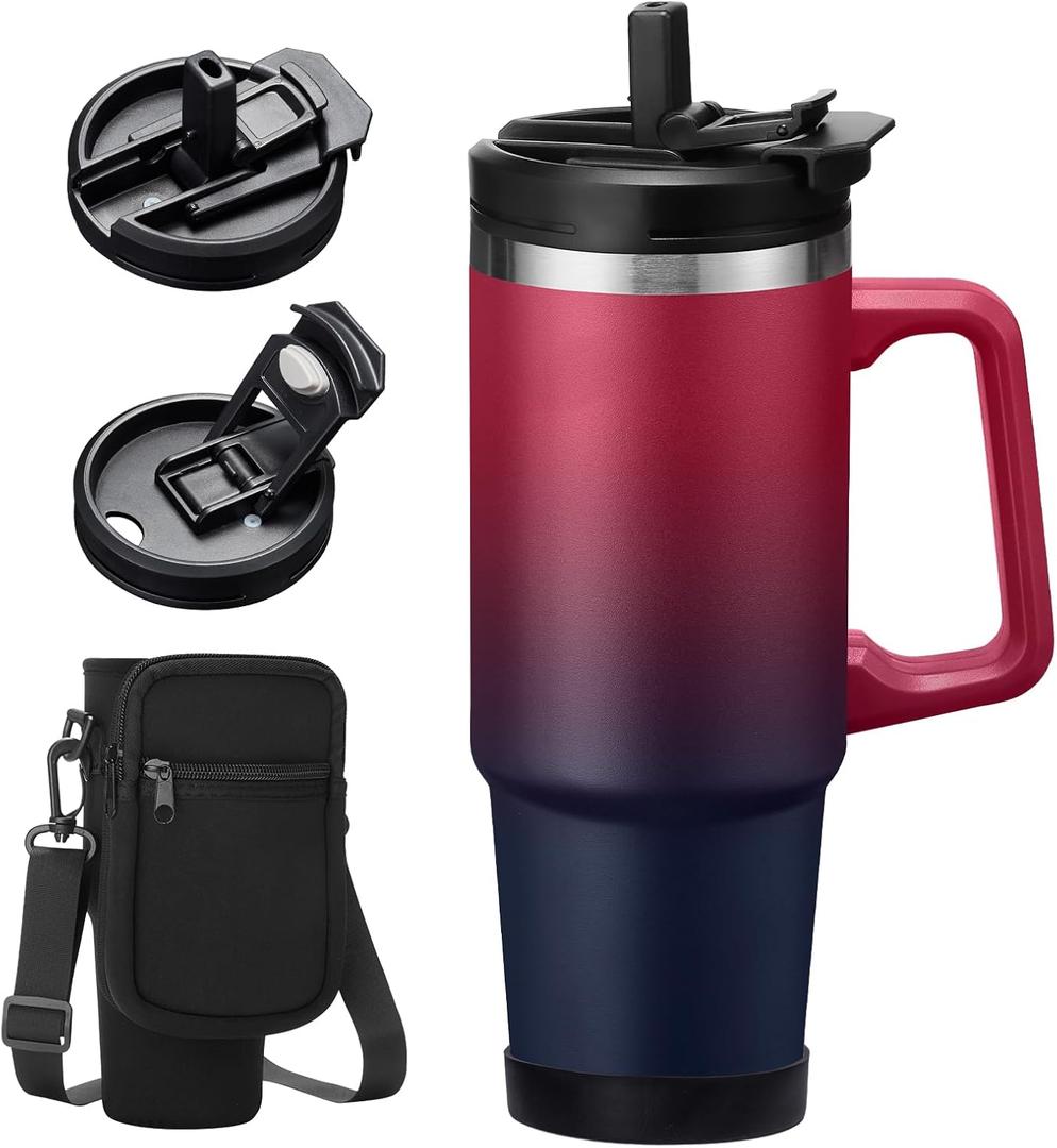 30 oz Tumbler with Handle and Straw - Flip Lid, Silicone Boot, Strap Carrier Bag, Cold 36H & Hot 12H, Stainless-Steel Coffee Tumbler Travel Mug, Insulated Water Bottle Coffee Cup for Women Men