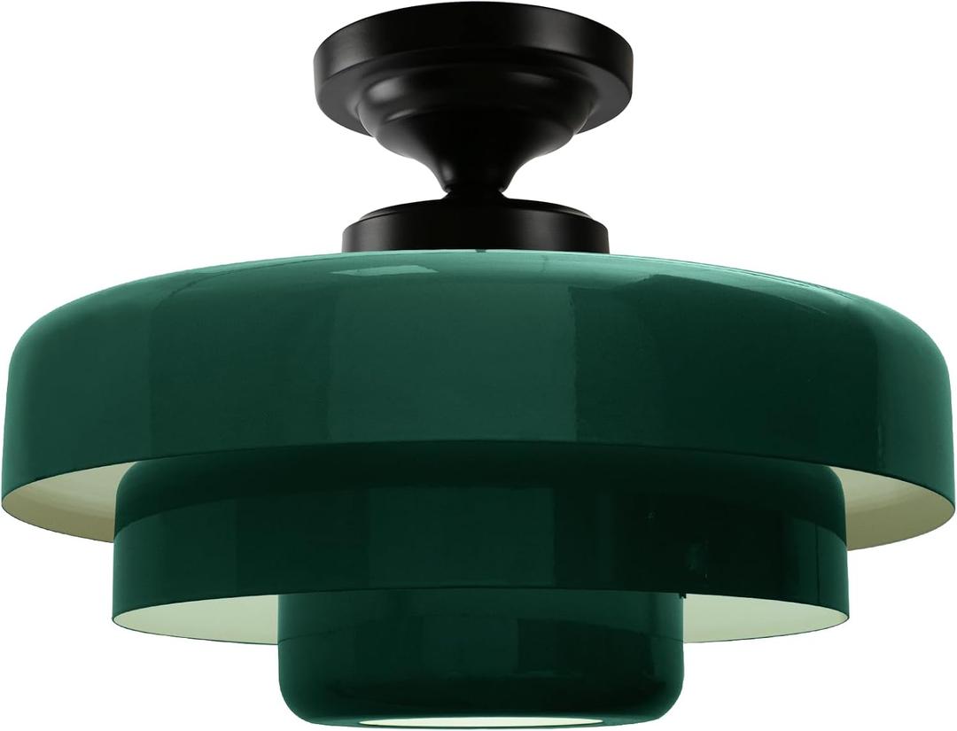 Farmhouse Green Semi Flush Mount Ceiling Light, 13.8" Mid Century Modern Close to Ceiling Light Fixture, Retro Black Flush Mount Lamp for Bedroom Hallway Kitchen Entryway Foyer