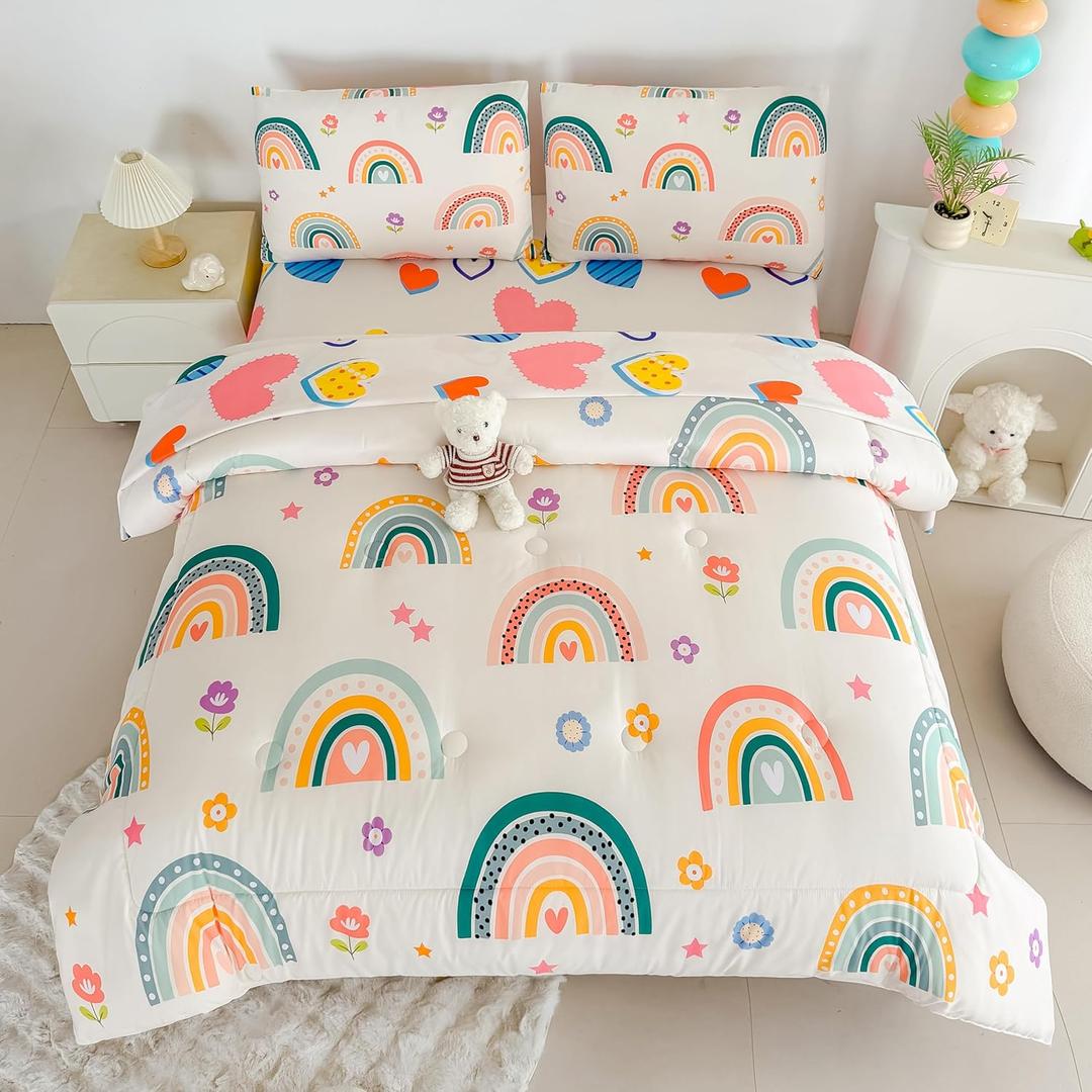 MWMWMW 5 Piece Multi-Color Rainbow Comforter Set for Girls Kids, Kids Bedding Sets for Girls, Bed in a Bag Twin with 1 Comforter, 1 Flat Sheet, 1 Fitted Sheet and 2 Pillowcases