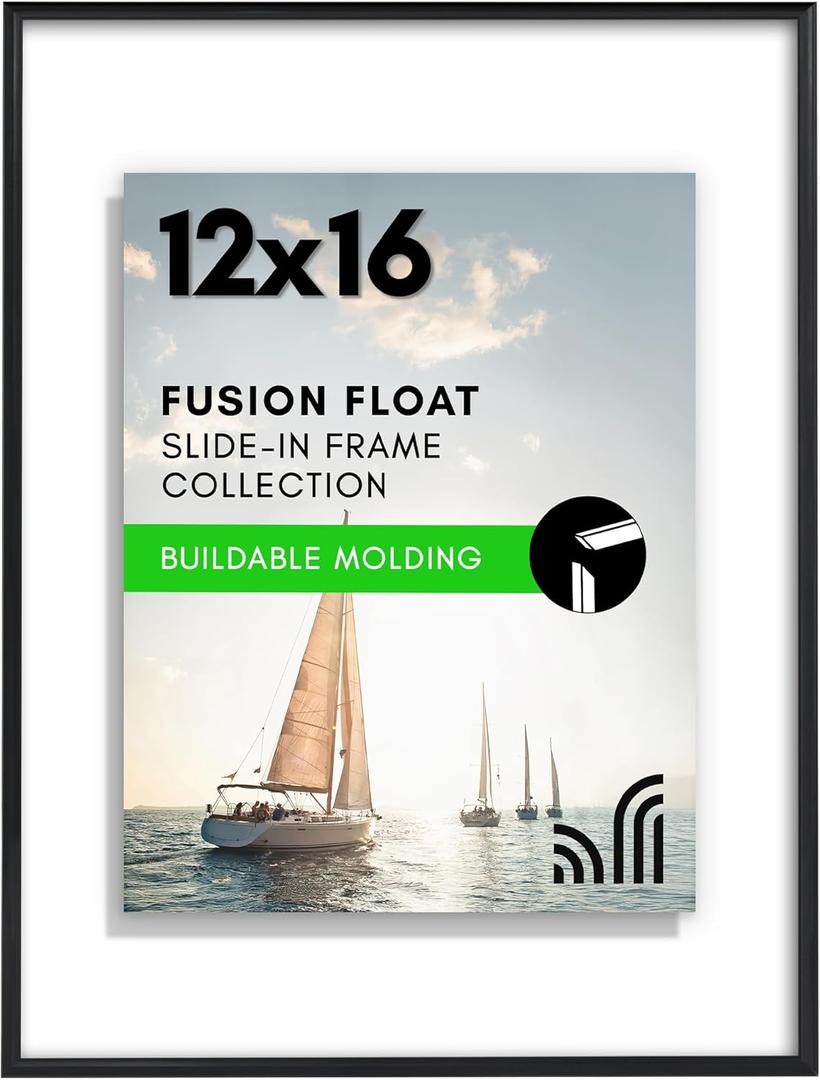 Americanflat 12x16 Floating Picture Frame with Shatter-Resistant Glass - Fits 11x17 Photos or Smaller - Slide-In Photo Frame - Fusion Float Collection - Floating Frames for Wall Display - Black