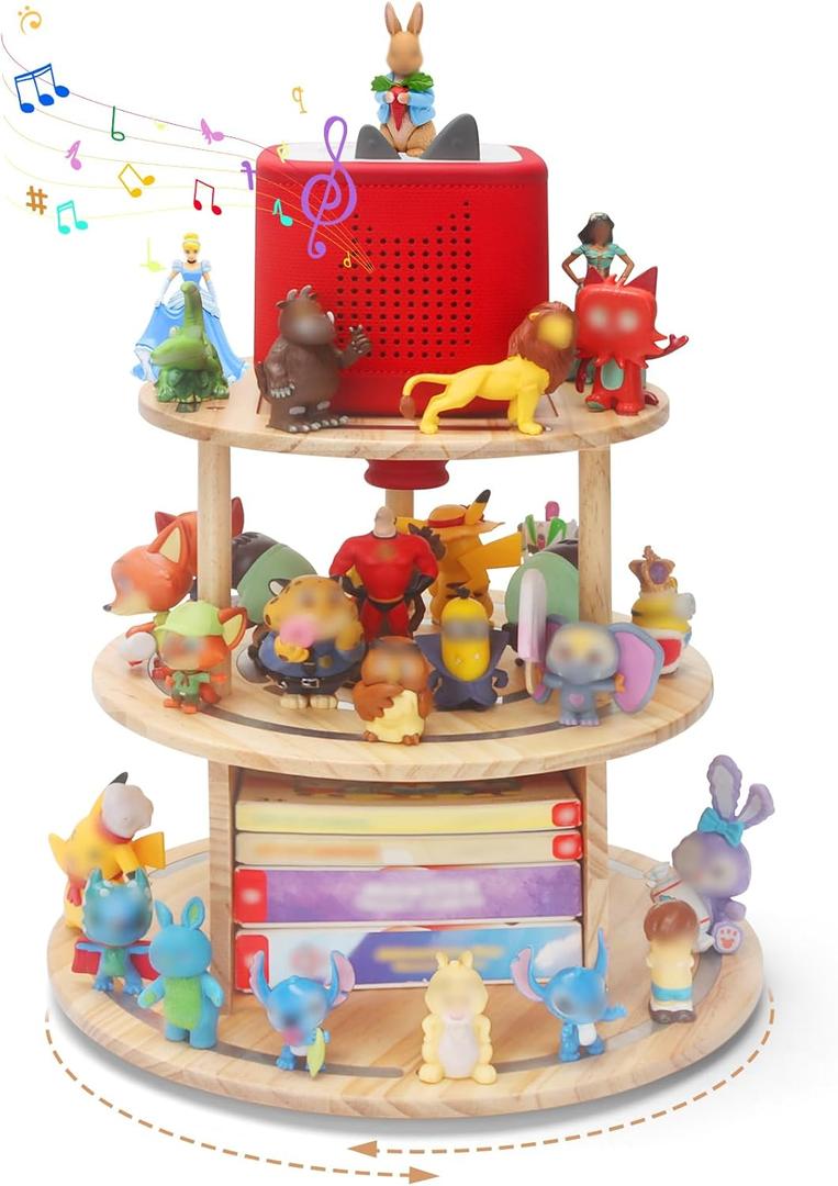 360 Rotating Storage Shelf for Toniebox 1/2, 3-Tier Organizer Holder for 30~40 Tonies Figures, Wooden Magnetic Stand Display for Tonie Box + Characters + Tonieplay Game + Controller