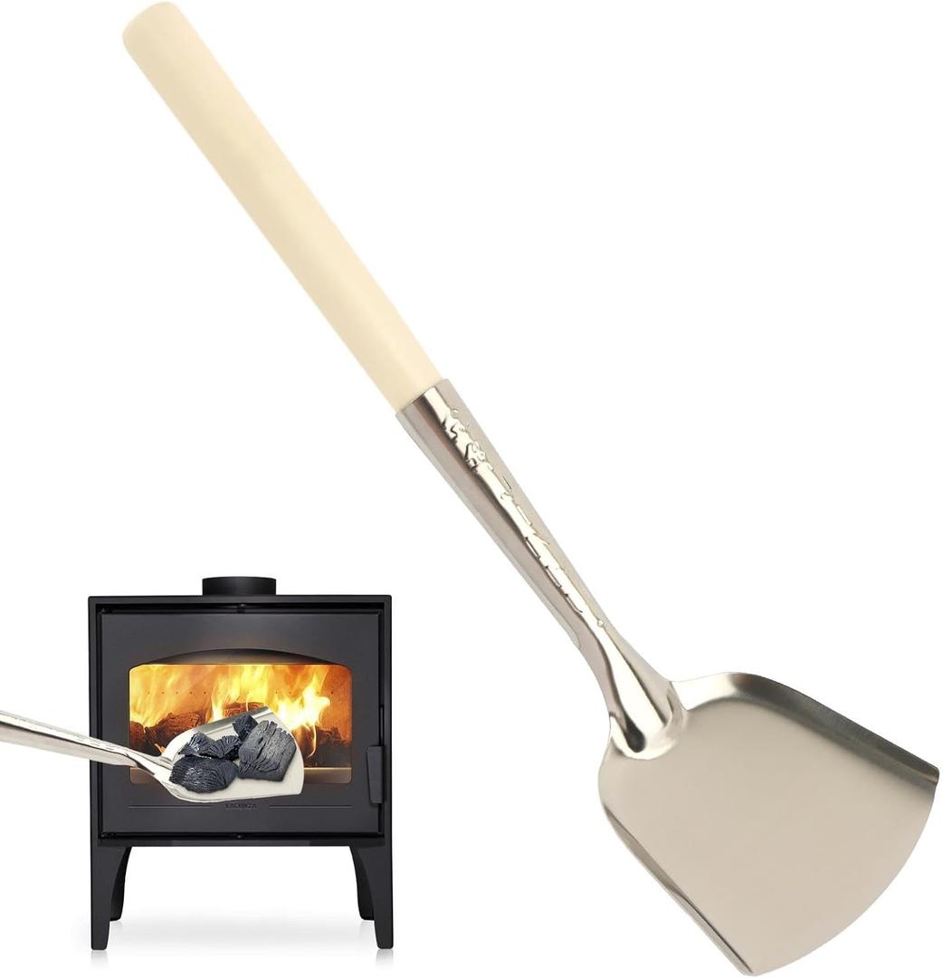 EMVANV Fireplace Ash Shovel, Long Handle Fire Pit Shovel, Pizza Oven Cleaner with Wooden Handle, Fireplace Trowel Charcoal Grill Ash Rake Gardening Fireplace Tools, for Household Camping Kicthen