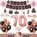 70th Birthday Decorations for Women, 54pcs Happy 70th Birthday Crown and Sash, Black Rose Gold Banner Backdrop Balloons Hanging Swirls Paper Fans, 70 Years Old Birthday Party Supplies Kit