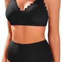 Charmo Women Scallop Trim Bikini Sets Ribbed Two Piece Bathing Suit V Neck High Waisted Swimsuits , size small