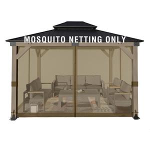 Aoodor Universal 10x12 ft Gazebo Mosquito Netting, Replacement 4-Panel Sidewalls with Double Zippers for Patio, Backyard, Deck, and Lawn (Netting Only, Brown)