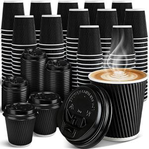 Ceenna 100 Set 7 oz Disposable Coffee Cups with Lids to Go Coffee Cup Insulated Hot Ripple Cup Paper Espresso Cups Bulk for Hot Chocolate Tea Cocoa Drinks Party