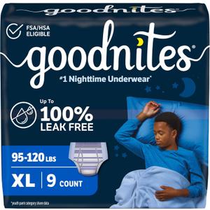 Goodnites Boys' Nighttime Bedwetting Underwear, Size Extra Large (95-120 lbs), 9 Ct