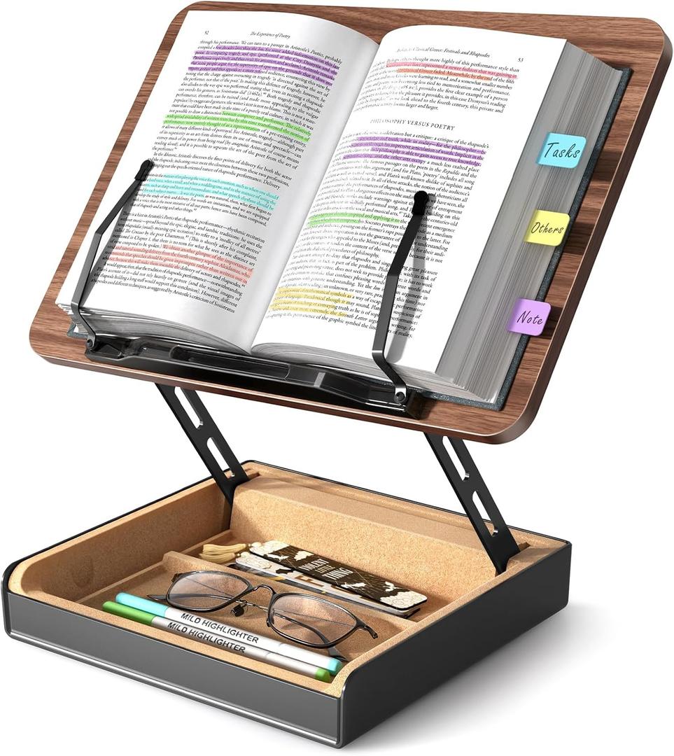 Book Stand with Storage, Book Holder for Reading Hands Free, Wooden Cookbook Stand for Kitchen Counter, Adjustable Reading Stand for Desk, Recipe Stand, Book Prop for Book Lovers