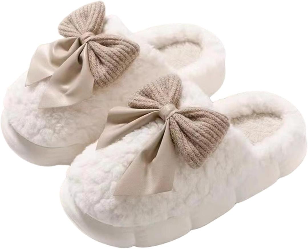 Plush Cute Bow Slippers for Women  Furry Comfy Indoor Outdoor Non-Slip House Slippers (White)