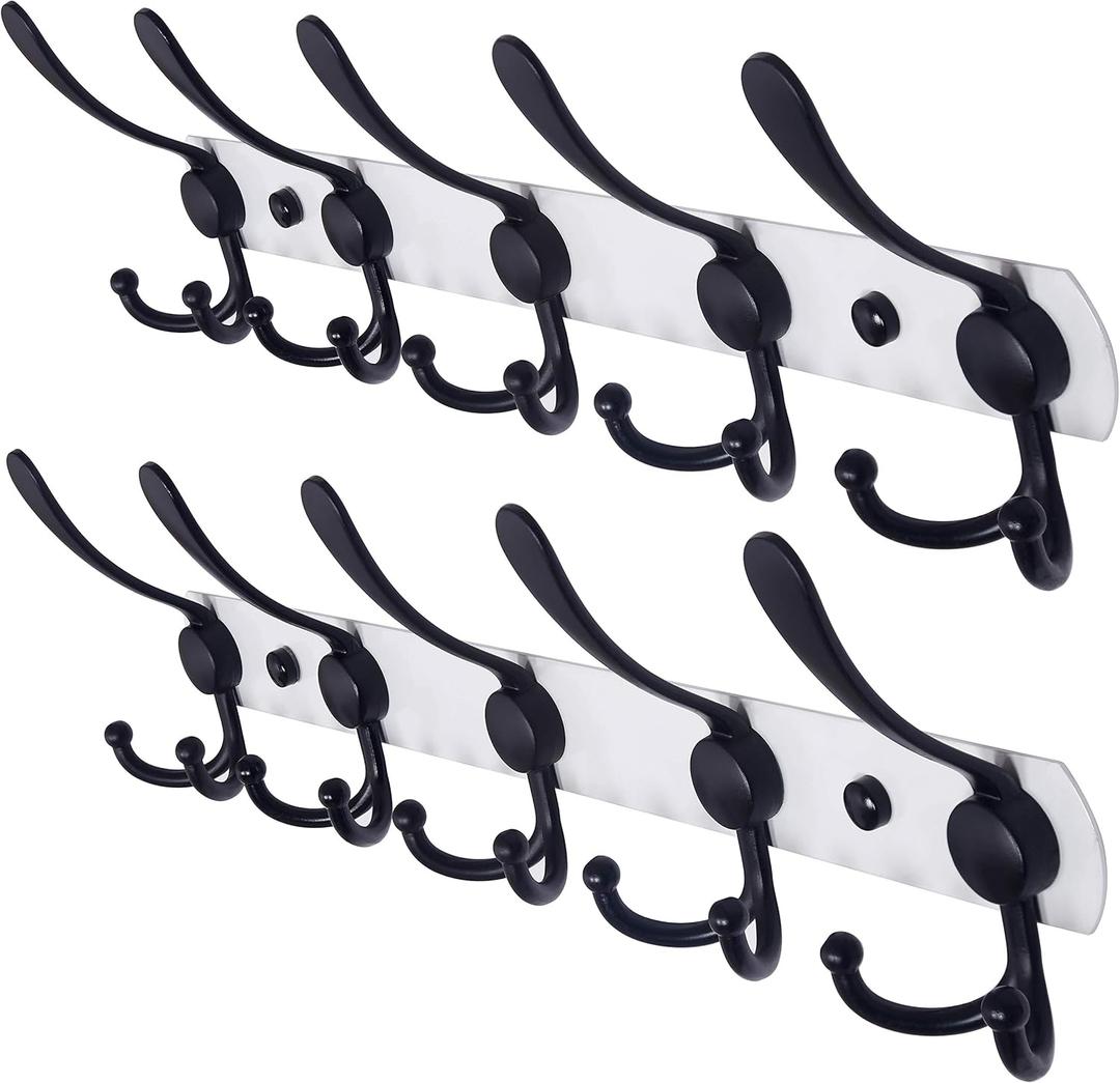 Dseap Wall Mounted Coat Rack - 5 Tri Hooks, Heavy Duty, Stainless Steel, Metal Coat Hook Rail for Coat Hat Towel Purse Robes Mudroom Bathroom Entryway (White & Black, 2 Packs)