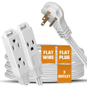 White Extension Cord 10+ Ft 3-Prong 3-Outlet Extension Wire- Space-Saving Flat Angled for Indoor Use by Bindmaster- UL-Listed