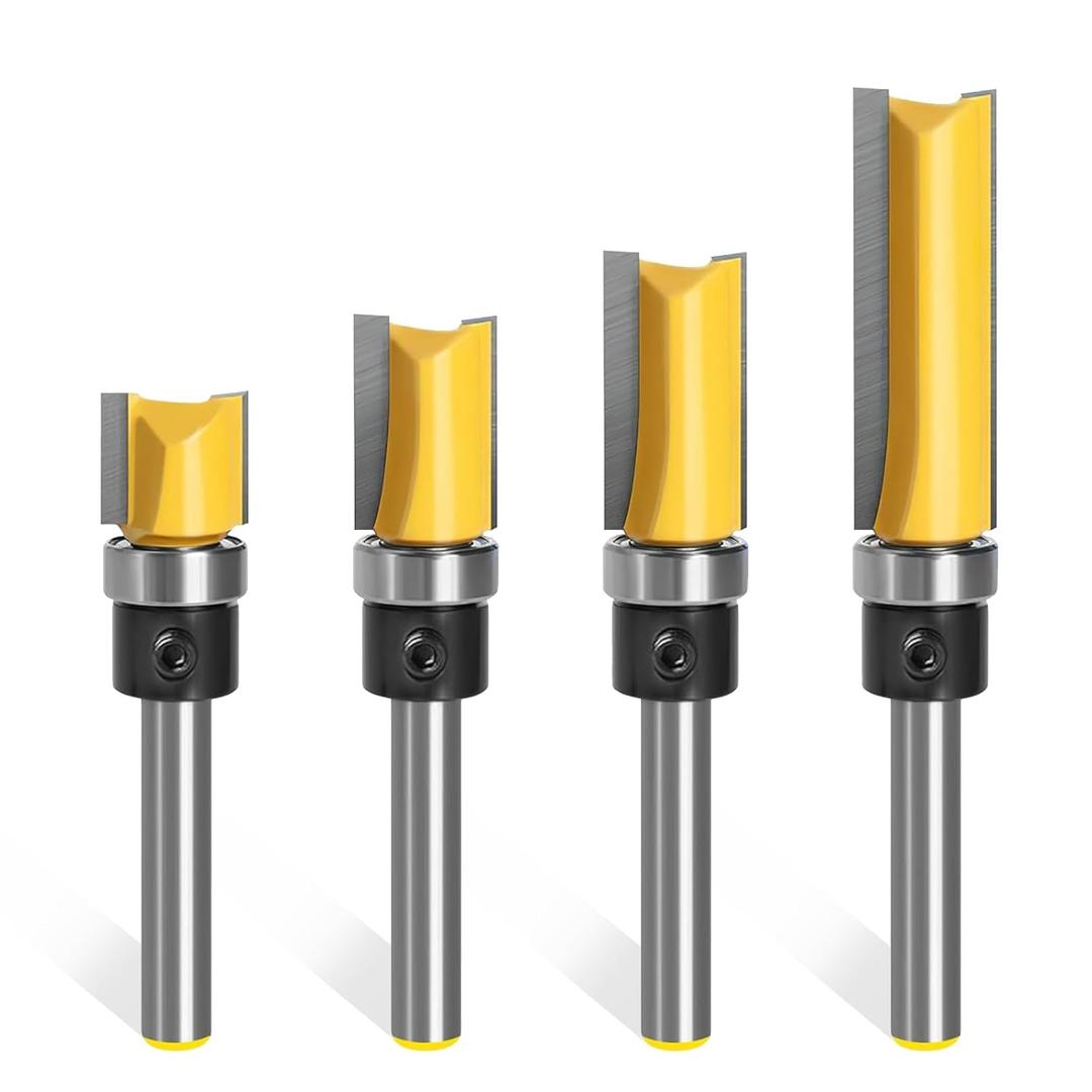 4PCS Pattern Flush Trim Router Bit Set, Premium Flush Trim Route Bit 1/4 Shank, 1/2" Cutting Diameter, Bearing Design to Prevent Tear-Out for Woodworking, Milling, Trimming