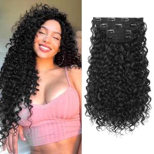 Clip in Hair Extensions, FLUFYMOOZ 4PC 100 Pure Protein Silk Hair Extensions Long Soft Natural Hairpiece 16 Inch Curly Hair Extension for Women (Black)