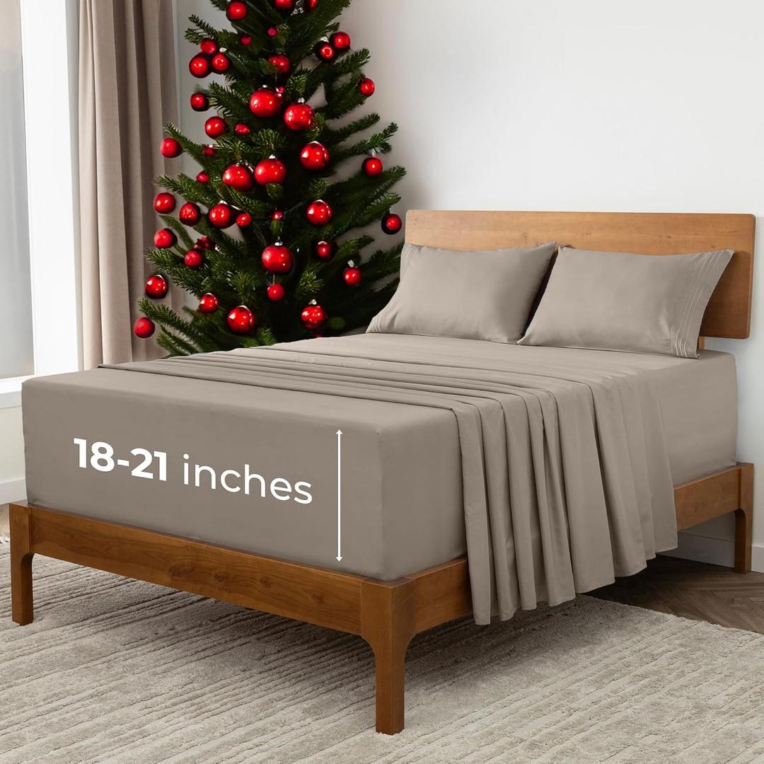 Mellanni Extra Deep California King Sheets - 4 PC Iconic Collection Bedding - Hotel Luxury, Ultra Soft, Cooling Bed Sheets - Wrinkle, Fade, Stain Resistant (Cal King, Tan)