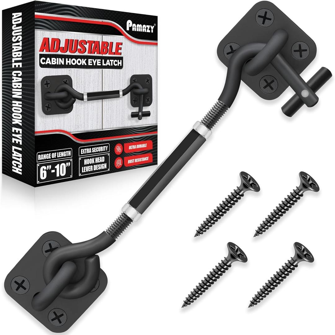 [Upgrade Adjustable] 6-10 Cabin Hook Eye Latch Gate, Heavy Duty 4 Mounting Points Bracket, Barn Door Lock Latch, Durable Door Swivel Window Hook Lock for Sliding Door, Outdoor, Window, Cabinet