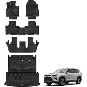 3W Floor Mats for 2024 2025 2026 Toyota Grand Highlander 7 Seat with Subwoofer (Include Hybrid), Trunk Mat Cargo Liner, and Seat Back Covers TPE All Weather, Black(Not for Hybrid MAX Model)