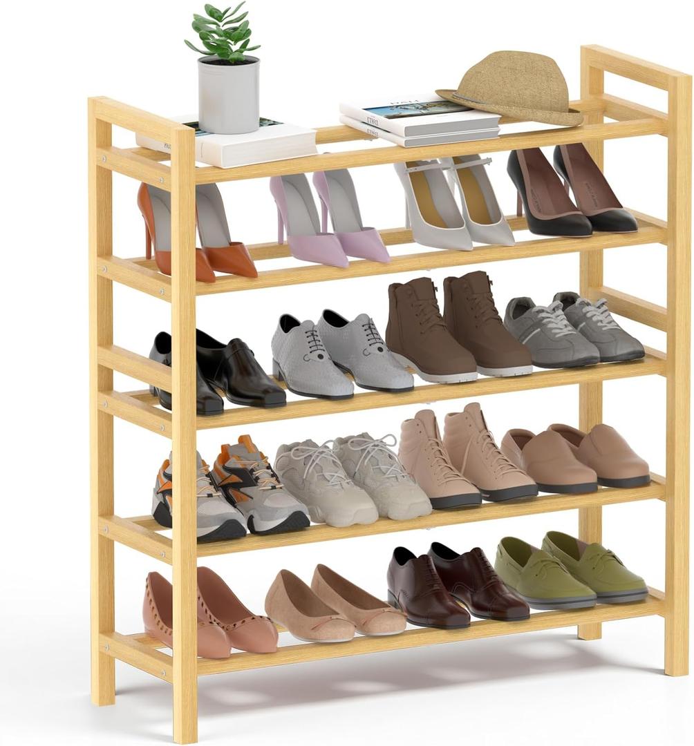 Haddockway Bamboo Shoe Rack for Closet, Free Standing Shoe Organizer with Smooth Round Rods & Convenient Handles, Stackable Shoe Storage Shelf for Entryway, Hallway(Natural, 5-Tier)
