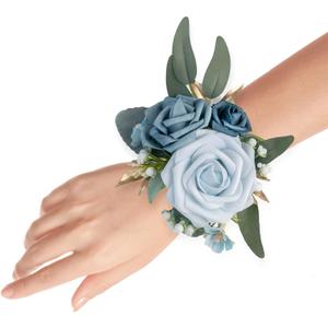 Set of 2 Wrist Corsage Wristlet for Wedding Bridesmaid Mother Grandmother for Bridal Shower Wedding Artificial Roses Flower Prom (Dusty Blue)