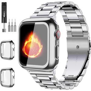 Compatible with Apple Watch Band 49mm 46mm 44mm 45mm 42mm 40mm 38mm 41mm, Stainless Steel iWatch Bands with 2 Pack Tempered Glass Screen Case for Series 10/9 Ultra 2 8/7/6/5/4/3/2/1/SE for Men (Silver)