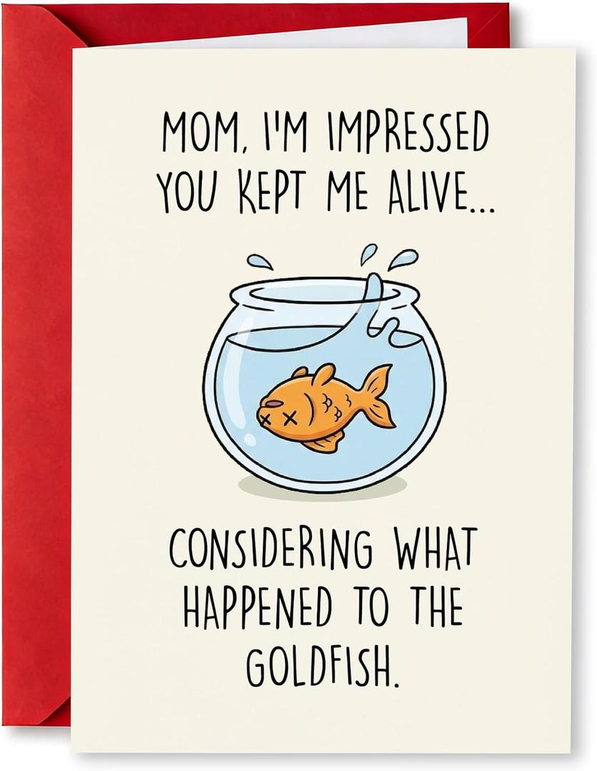 4 x PTRUKD Funny Mothers Day Card for Mom - Impressed You Kept Me Alive Dead Goldfish Joke - Sarcastic Mother's Day Greeting Card from Son Daughter, Mothers Day Gifts for Mom from Daughter Son