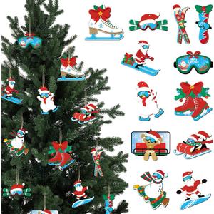 Syhood 36 Pcs Ski Christmas Ornaments Xmas Snowboard Wooden Hanging Christmas Tree Decoration Skiing Ornaments for Skiers Skating and Ski Lover, 12 Styles