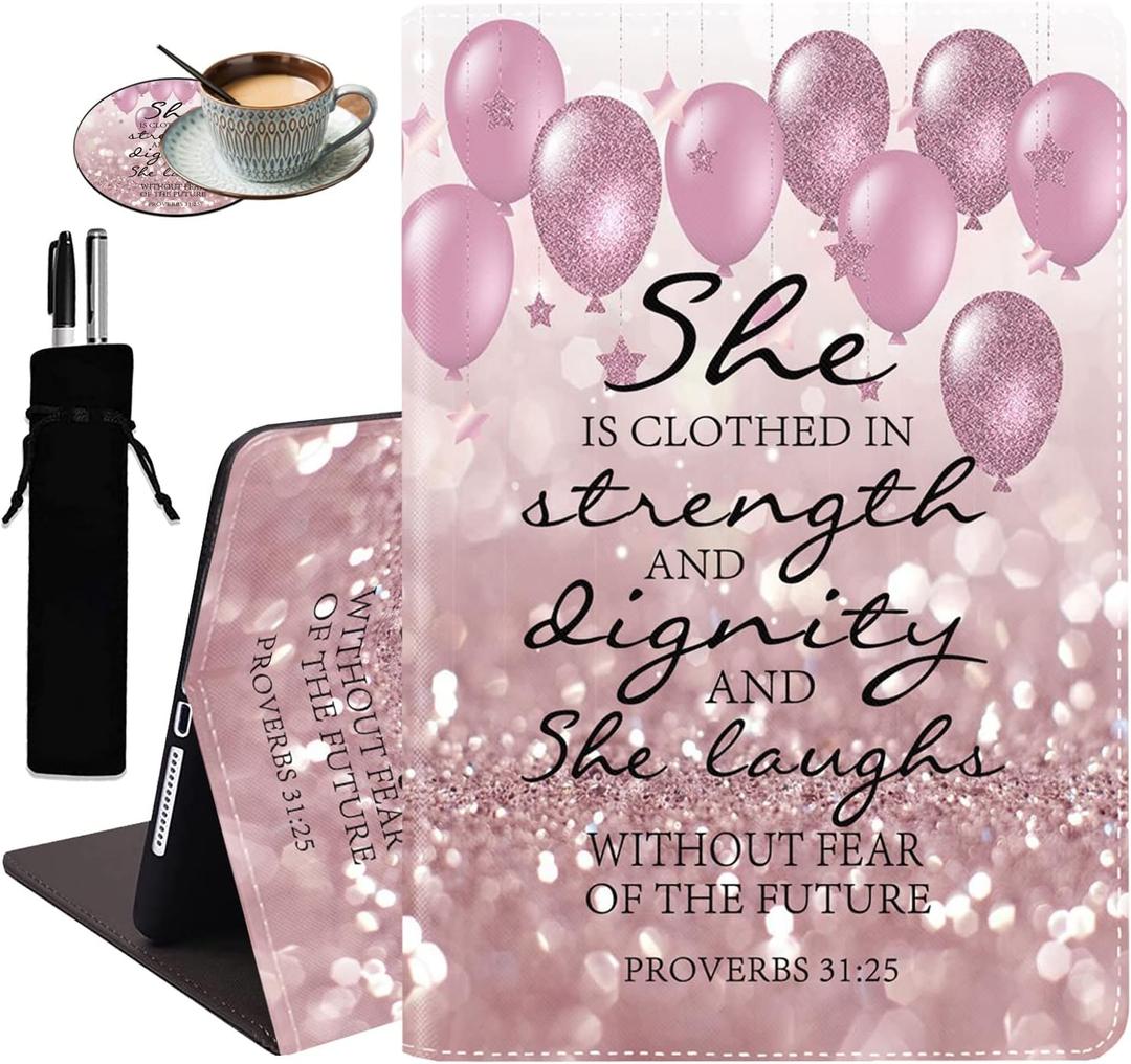 for iPad 10.2/10.5 Case，with Coaster Adjustable Stand Auto Wake & Sleep Smart Cover for iPad 9th / 8th / 7th(2021/2020/2019) 10.2 inch/iPad Air 10.5" - Bible Verses Proverbs 31:25 (Pen Bag)