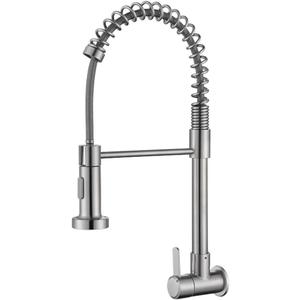 Wall Mount Kitchen Faucet with Pull Down Sprayer Single Handle High Arc Spring Kitchen Sink Faucet Brushed Nickel Stainless Steel Cold Water Only Kitchen Faucets