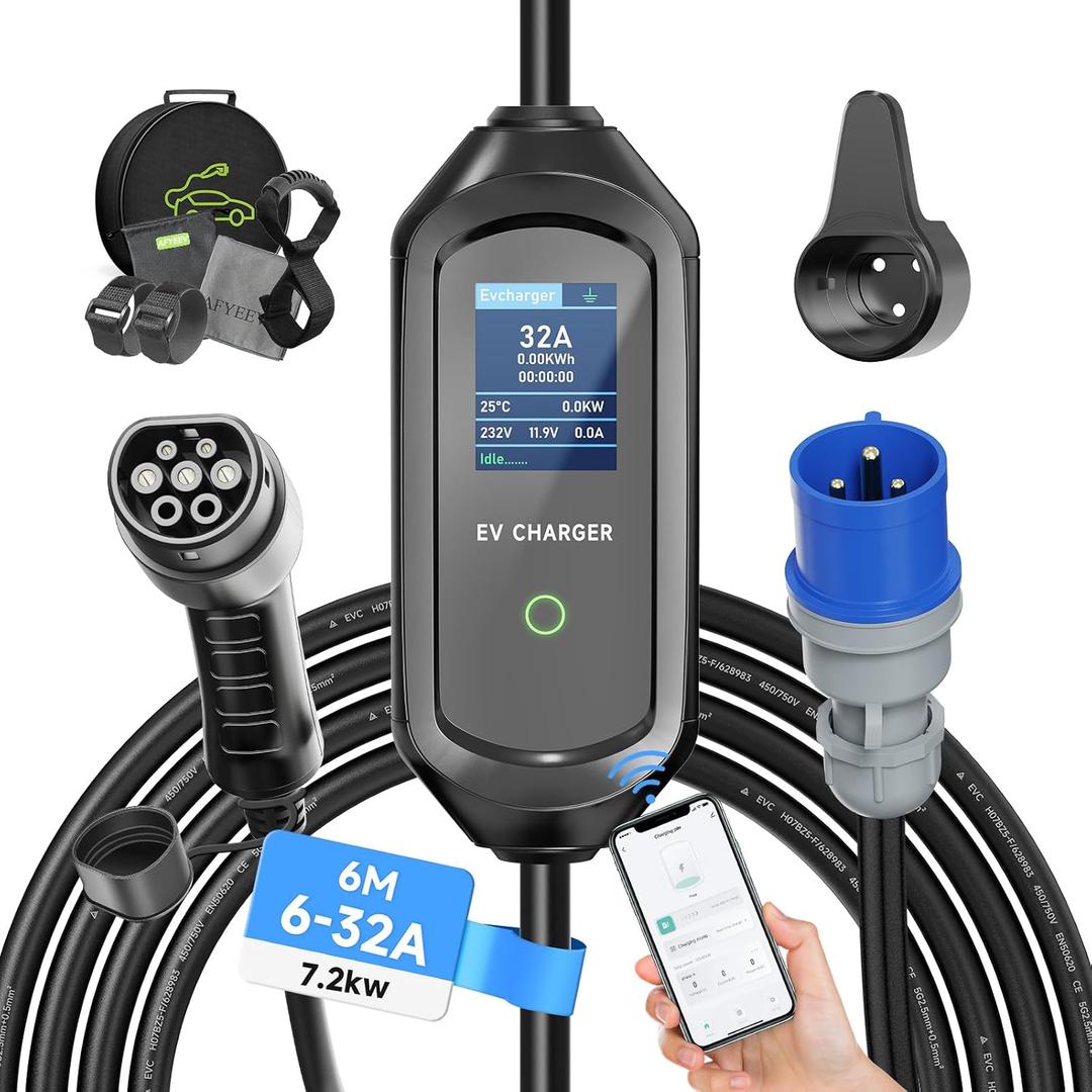 7.2kW Type 2 Charging Cable, 6/8/10/13/16/20/24/32A Adjustable Current, Charging Cable Electric car Type 2, EV Charger with Bag, 6M