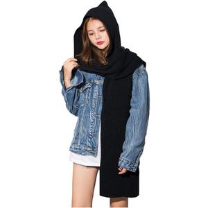 Women Winter 3 in 1 Hooded Hat Scarf Wrap Shawl Crochet Knit Pullover Neckwarmer, 120cm(After Folded) x 22cm (Black)