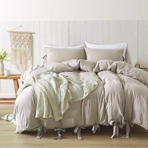 annadaif King Size Duvet Cover Khaki, 3 Pieces Soft Washed Microfiber Duvet Cover Set, Comforter Cover with Bowknot Bow Tie (1 Duvet Cover 104x90 Inch, 2 Pillowcases)(Pinkish Under Warm Light)