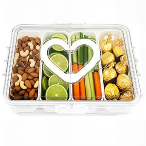 Divided Snack Serving Tray with Lid and Handle travel Snackle Box Charcuterie Container Portable Storage Organizer for Candy Divided Serving Tray with Lid for Fruits, Snacks, Sauces & More