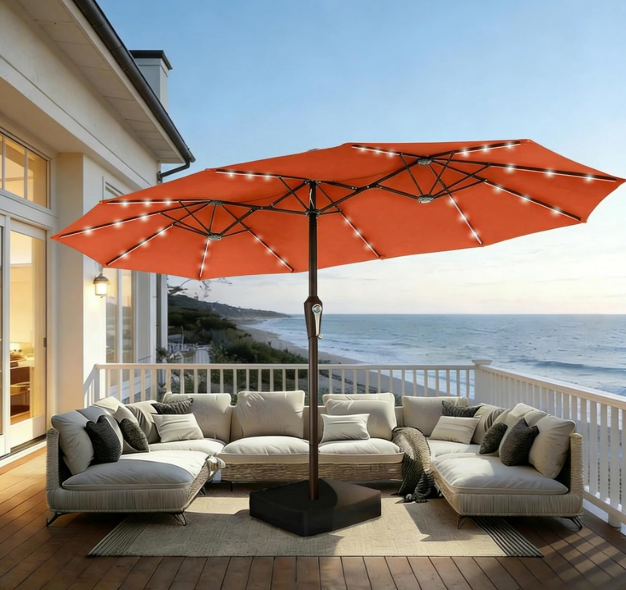 15FT Patio Umbrella with Solar Lights, Double-Sided Extra Large Outdoor Table Umbrella with Base Included, Heavy-Duty 12 Iron Ribs Market Umbrella for Garden, Pool, Backyard,Terracotta