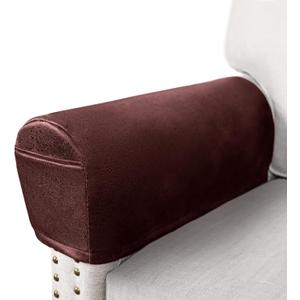 Leather Look Couch Arm Covers Set of 2 Armrest Covers for Sofa Chair Arm Protectors Stretch Armchair Slipcovers with Pockets Washable Spandex Fabric (Large, Burgundy) (Red)