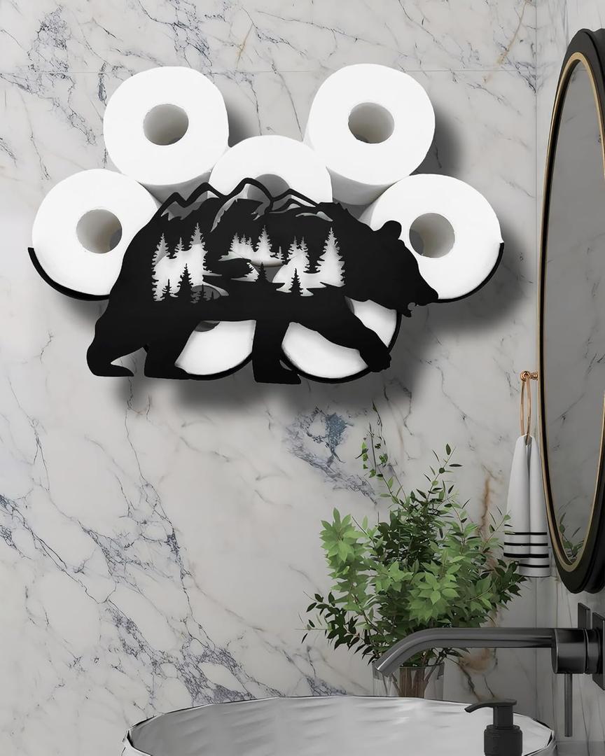 Bear Metal Wall Toilet Paper Storage,Funny Black Toilet Tissue Holder,Animal Decorative Metal Paper Holder,Cute Toilet Paper Storage for Bathroom,Wall Toilet Paper Organizer Hold Extra 8 Rolls (Black 14.39"l*4.52"w*10.63"h)