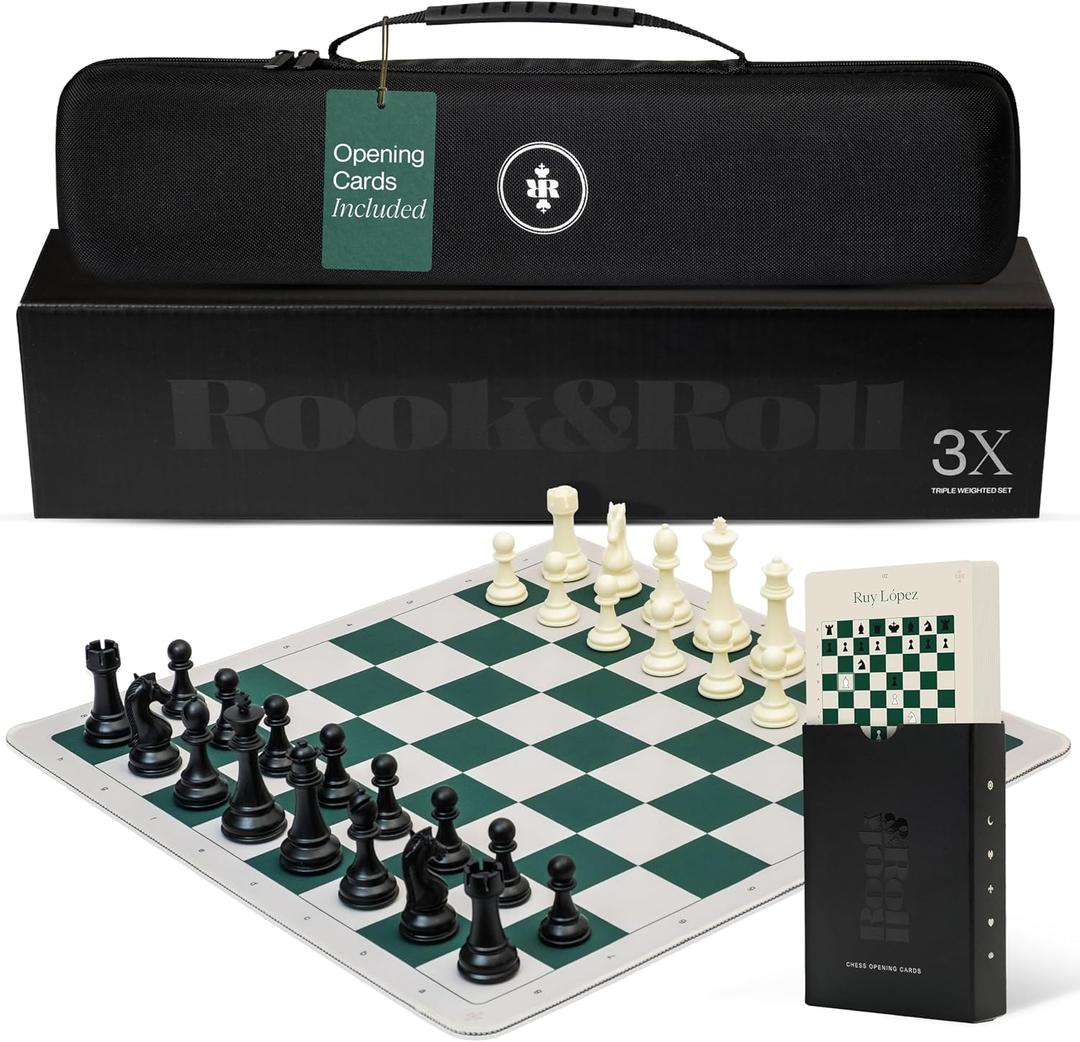 Rook & Roll Tournament Size Chess Set for Adults 15+ with 54 Opening Cards, 20”x20” Roll Up Mousepad Board, Triple Weighted Staunton Pieces, 3.75” King, 2.2 oz, 2 Extra Queens, EVA Case