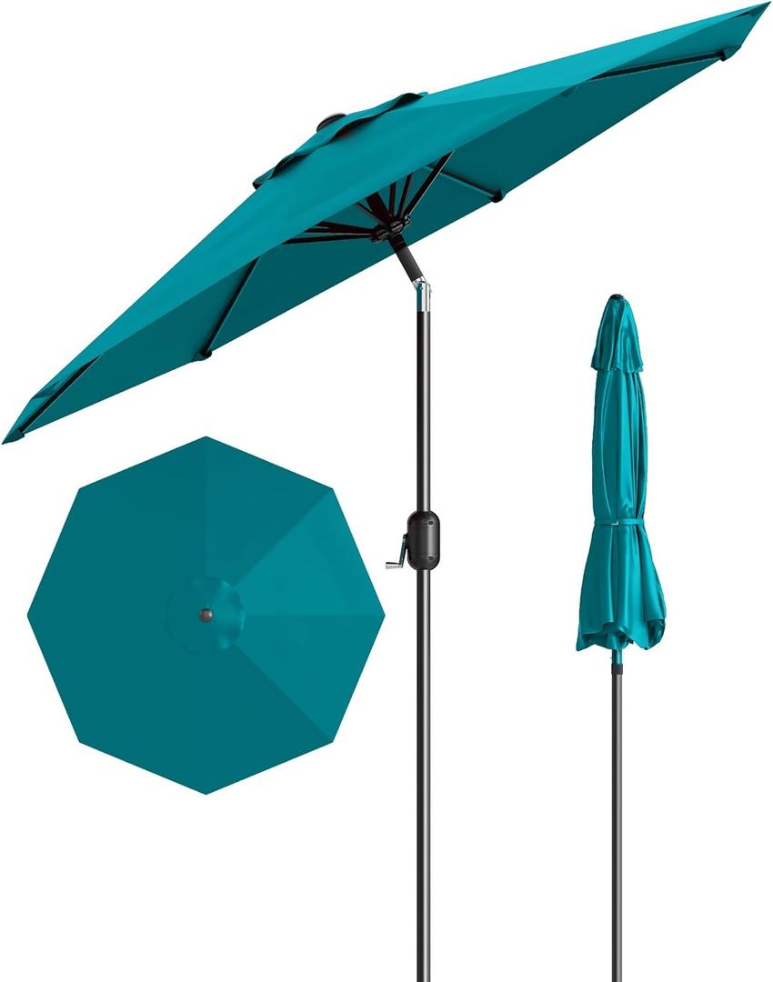 9FT Patio Umbrella Outdoor, Market Umbrella, Table Umbrella with Push Button Tilt and Crank, 8 Sturdy Ribs UV Protection Waterproof for Garden, Pool, Deck, Backyard (Turquoise Blue)