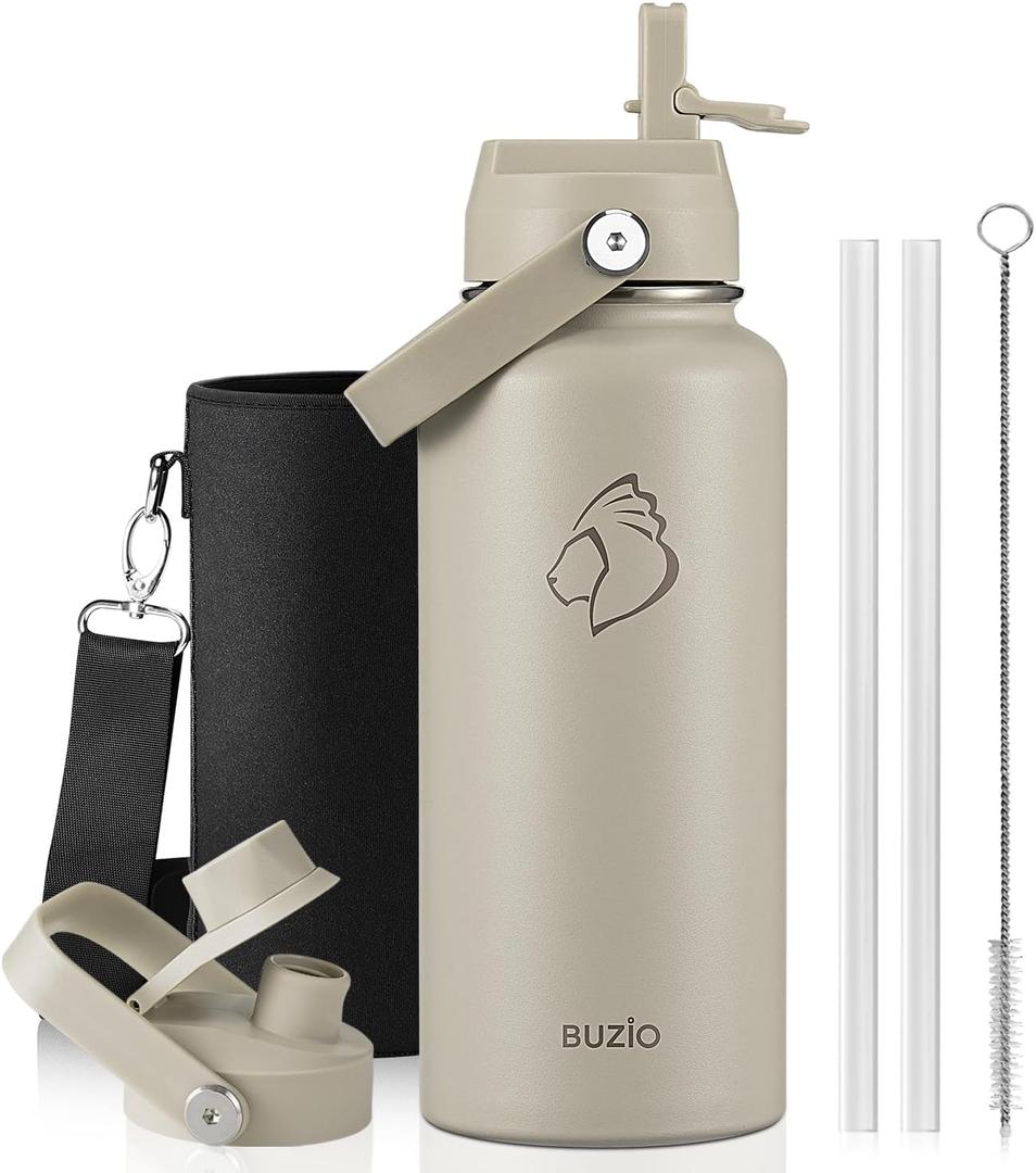 BUZIO 32 oz Water Bottle Insulated, Leakproof Stainless Steel Flask (Cold for 48 Hrs), Wide Mouth BPA-Free Metal Thermo Hydro Canteen with 2 Lids, Greige