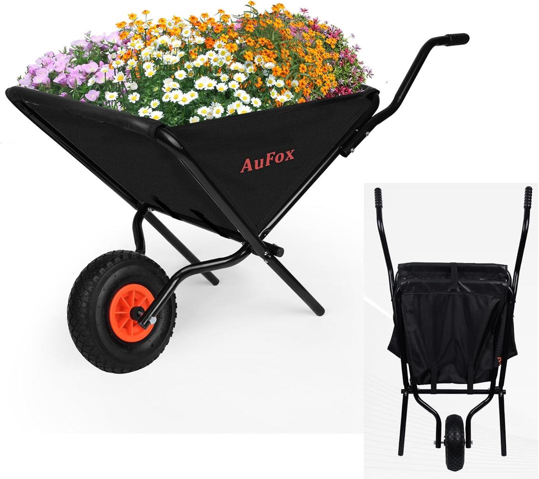 Collapsible Wheelbarrow, Folding Utility Garden Cart Easy Loading and Dumping Yard Cart Thickened Oxford Cloth Lawn Cart for Nutrient Soil,Grass, Leaf, Garden Supplies