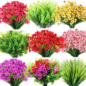 Zeyune 56 Bundles Fall Artificial Flowers Outdoors Fake Autumn Orange Plastic Eucalyptus Plant Faux UV Resistant Shrubs Greenery for Thanksgiving Outdoor Indoor Garden Porch Window Box Hanging Decor, Red