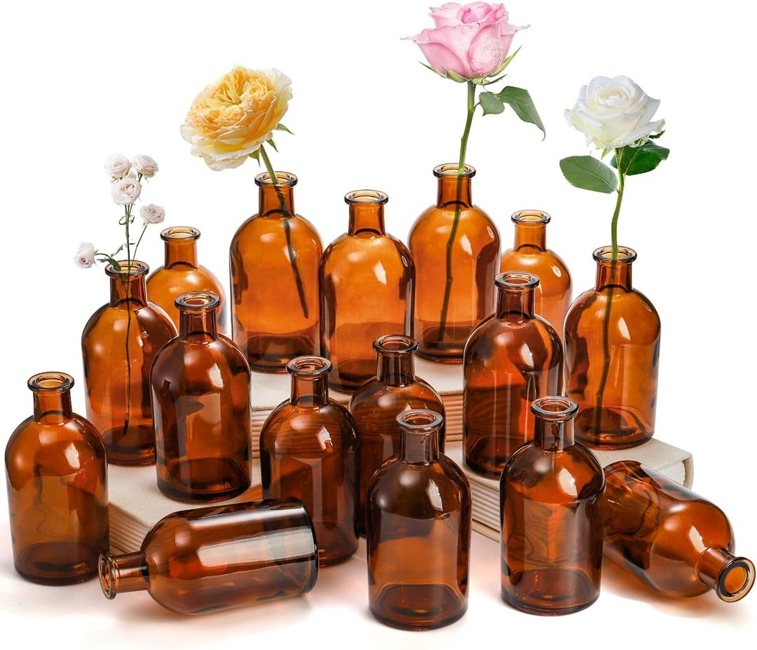 YOUEON 16 Pack Amber Glass Bud Vases, Small Bud Vases in Bulk, Glass Flower Vases for Centerpieces, Vintage Decorative Bottle Vases for Flowers, Home Decor, Wedding Reception, Office (Brown)