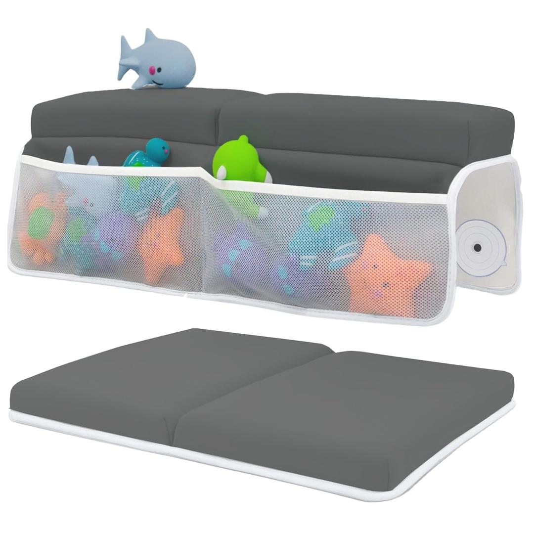Comfortable Baby Bath Kneeler and Elbow Rest Pad Set  Thick Memory Foam Bath Kneeling Pad with Elbow Support  Baby Bathtub Cushion with Toy Organizer for Bathing Infant or Toddler - Dark Grey