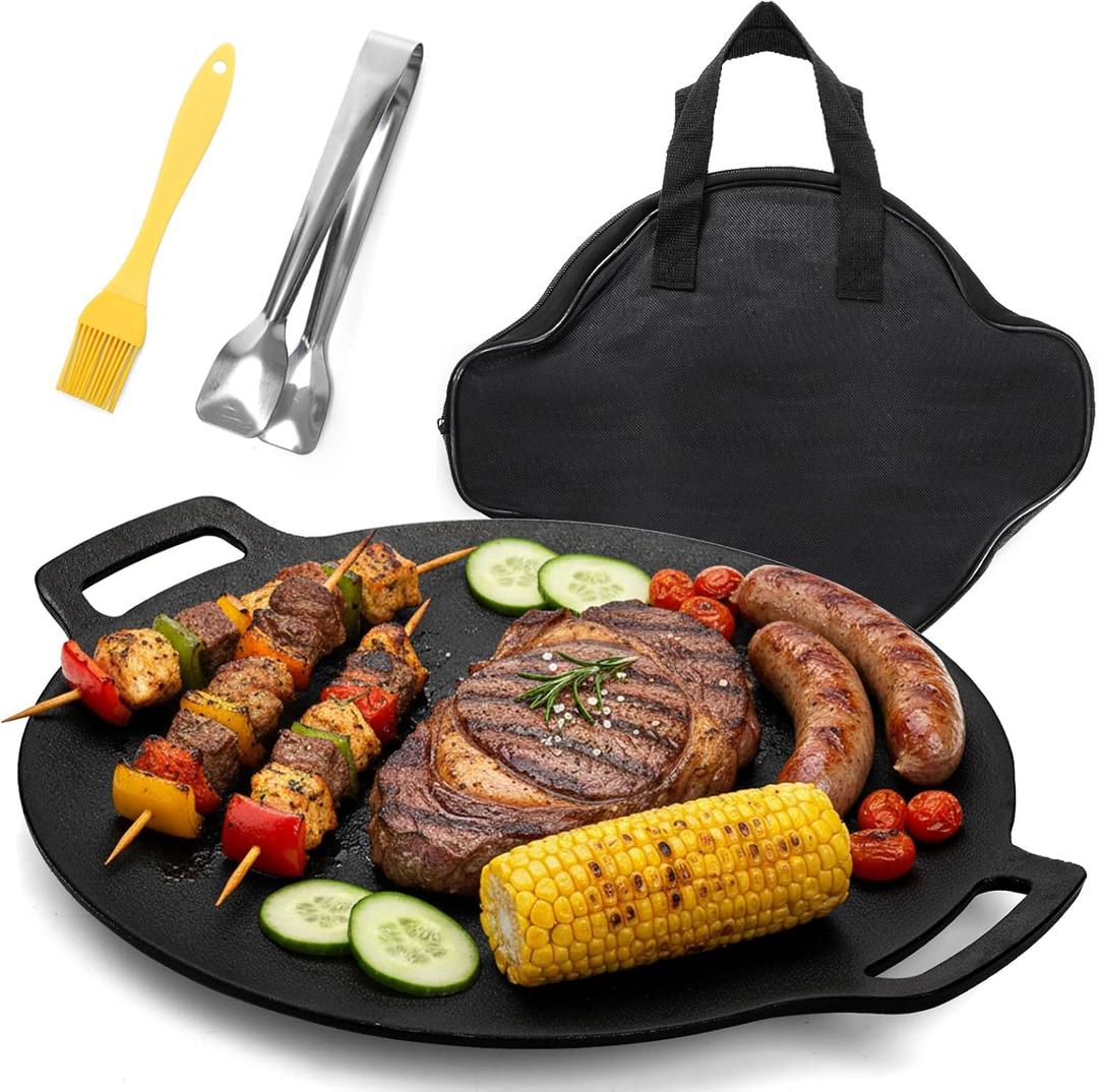 WRINGKIT Korean BBQ Grill, Nonstick Round Griddle Pan with Bag, 12 Inch 6 Layer Coating BBQ Griddle, Heavy-Duty Cast Iron Griddles for Stove Top, Outdoor Camping, Tawa Roti Pan