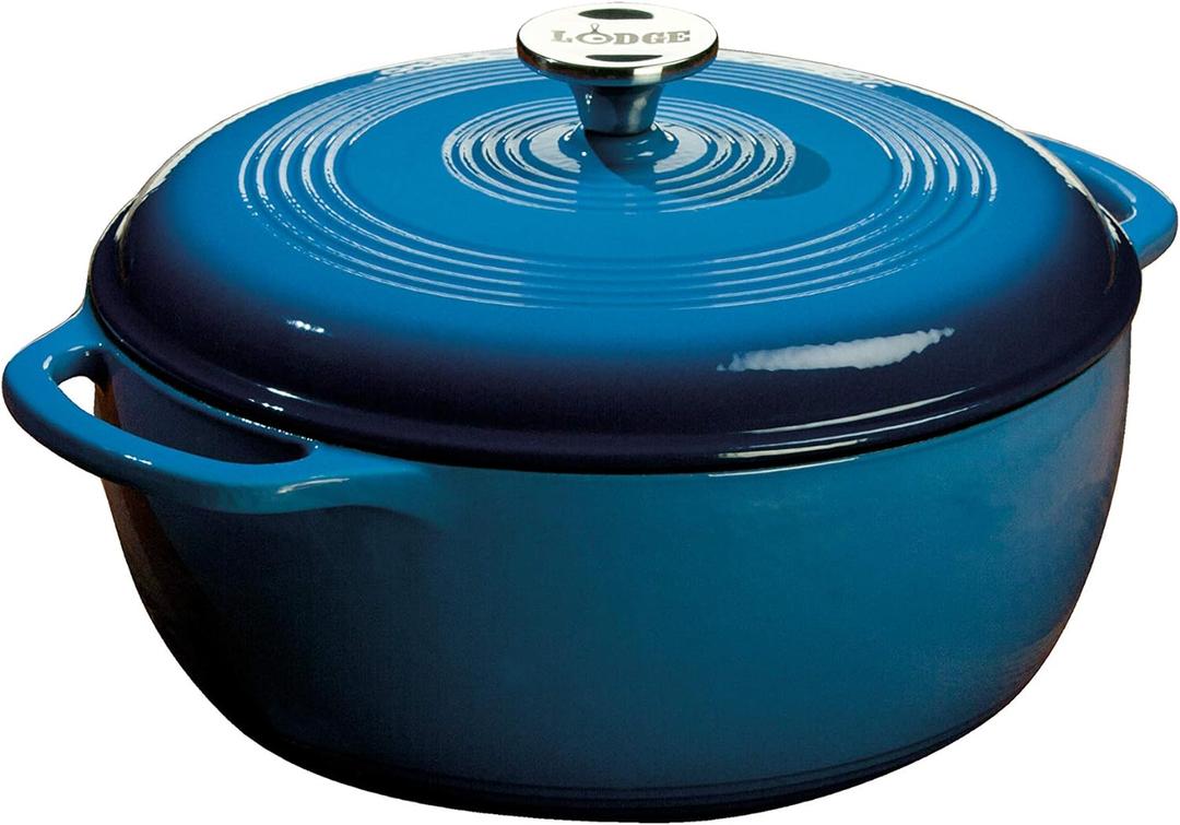 Lodge 6 Quart Enameled Cast Iron Dutch Oven with Lid  Dual Handles  Oven Safe up to 500 F or on Stovetop - Use to Marinate, Cook, Bake, Refrigerate and Serve  Blue