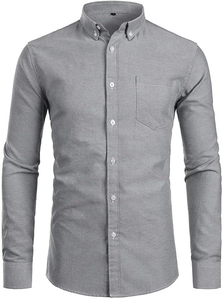 Gray Cotton Shirt Men Long Sleeve Dress Shirts Casual Slim Fit Chest Pocket Button Down Shirt, Gray, Size M