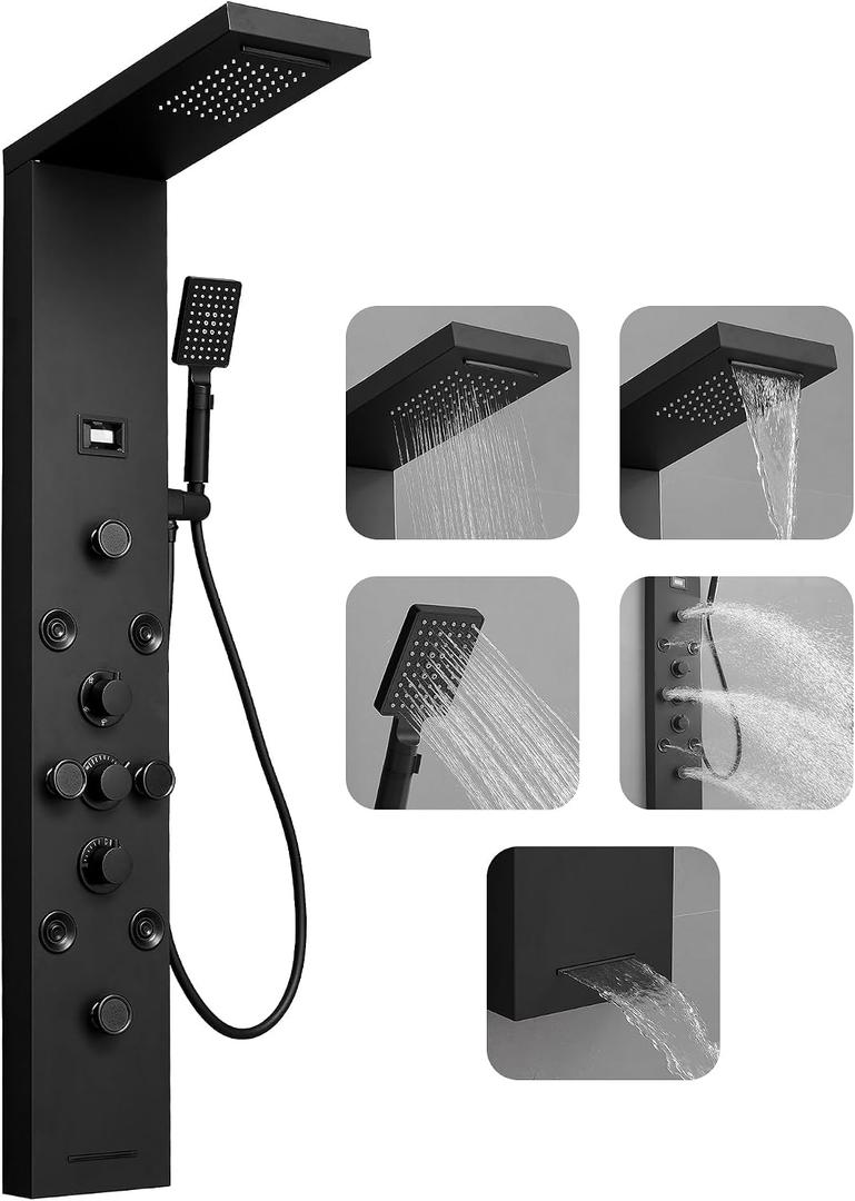 5 IN 1 Shower Panel Stainless Steel Shower Tower Panel System Matte Black Rainfall Waterfall Shower Head with Handheld Shower Massage Body Jets with Tub Spout Shower System by Homevacious