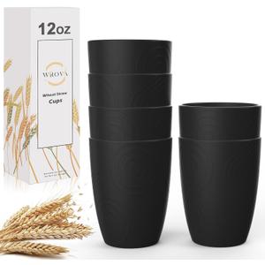 Wrova Wheat Straw Cups 6 PCS Good Alternative to Plastic Reusable Cups 12 oz Unbreakable Drinking Cup Reusable Dishwasher Safe Water Plastic Glasses Black