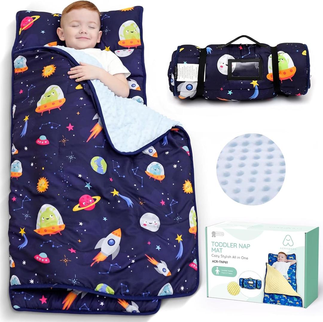 ACRABROS Toddler Nap Mat with Pillow and Blanket, Large Rolled Napping Mats,Slumber Bags for Boys Girls,Kids Sleeping Bag for Daycare, Preschool Travel (Space)